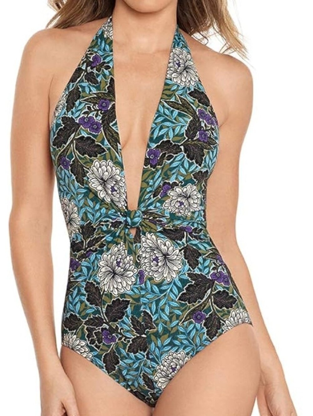Amoressa Floral Halter One-Piece Swimsuit in Teal and Black